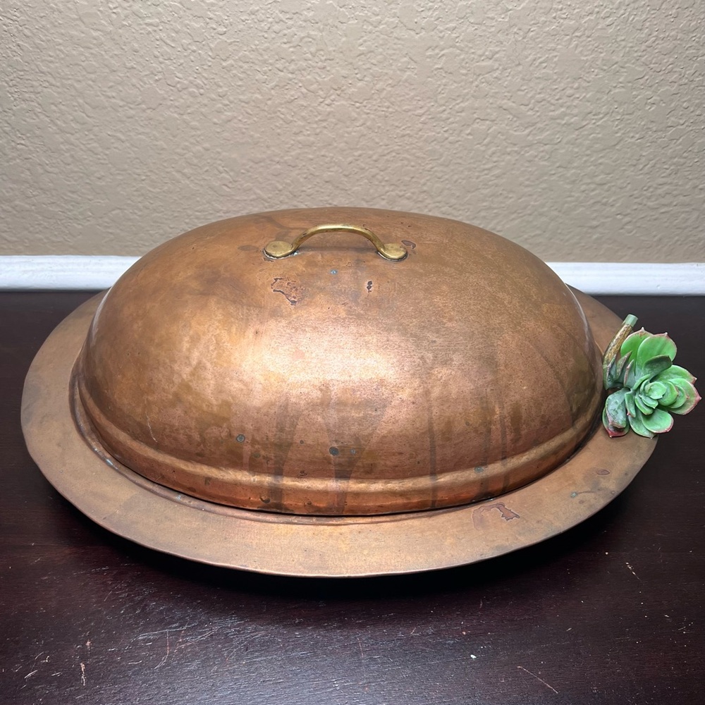Vintage 1940s Tinned Copper Cloche & Roasting Platter • Hand-Hammered Dome Cover